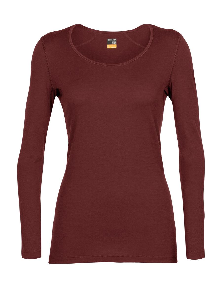 Women's Icebreaker Merino 200 Oasis Long Sleeve Scoop Neck Thermal Top Base Layers Espresso | CA 1072PJJQ